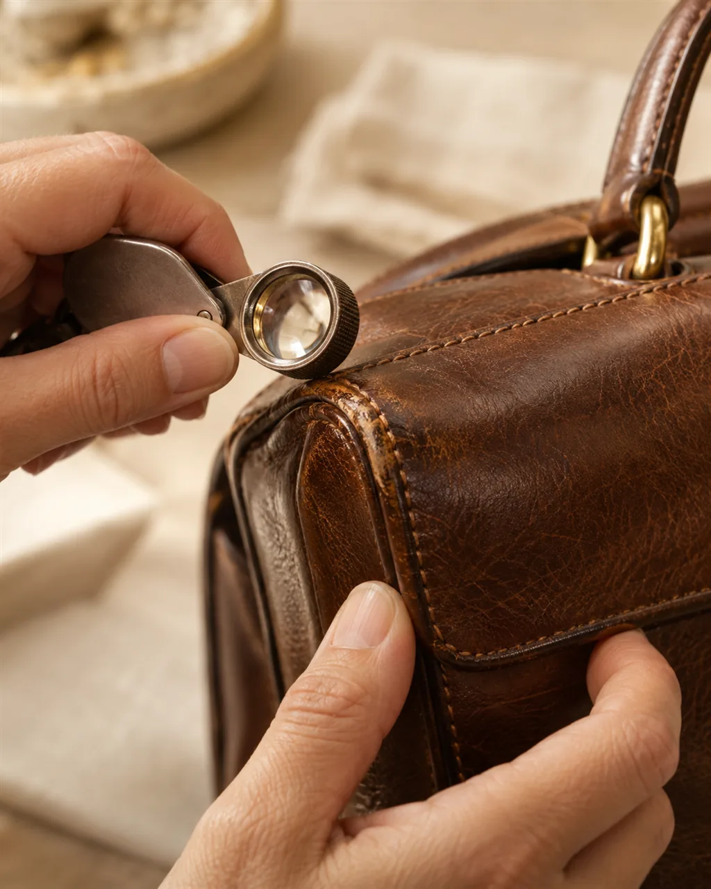 Hands inspecting the corner stitching of a leather bag with a loupe