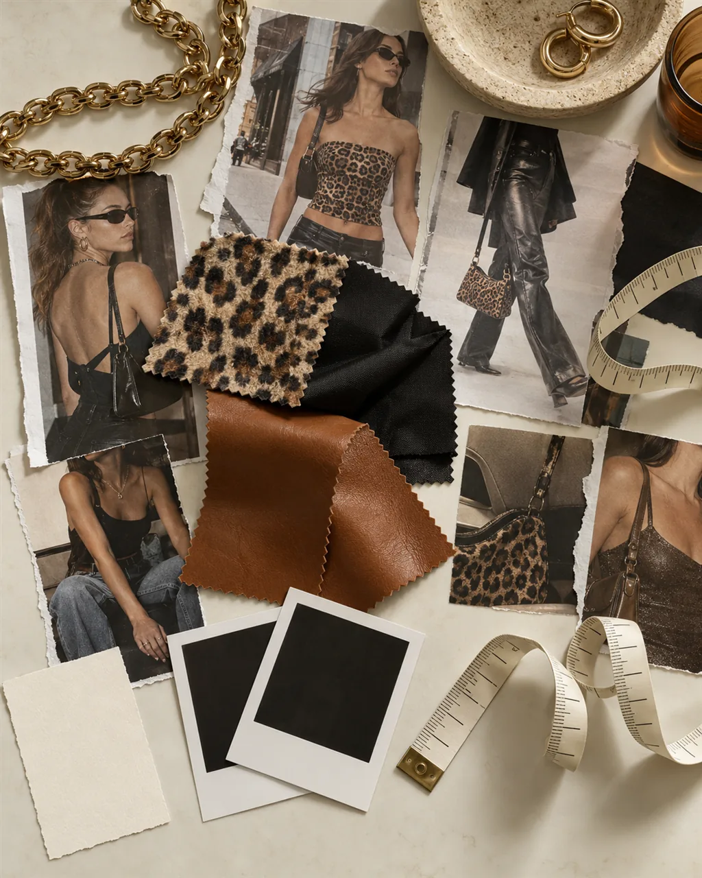 Moodboard of fabric swatches, a gold chain strap and a tape measure